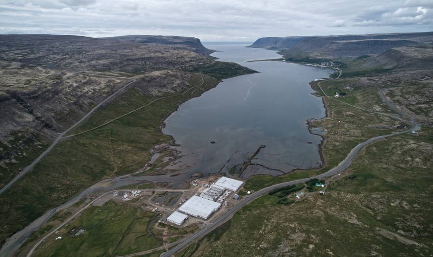 Aerial view along Tálknafjörður fjord in the Westfjords with the village on the north shore Aerial view along Tálknafjörður fjord in the Westfjords with the village on the north shore
