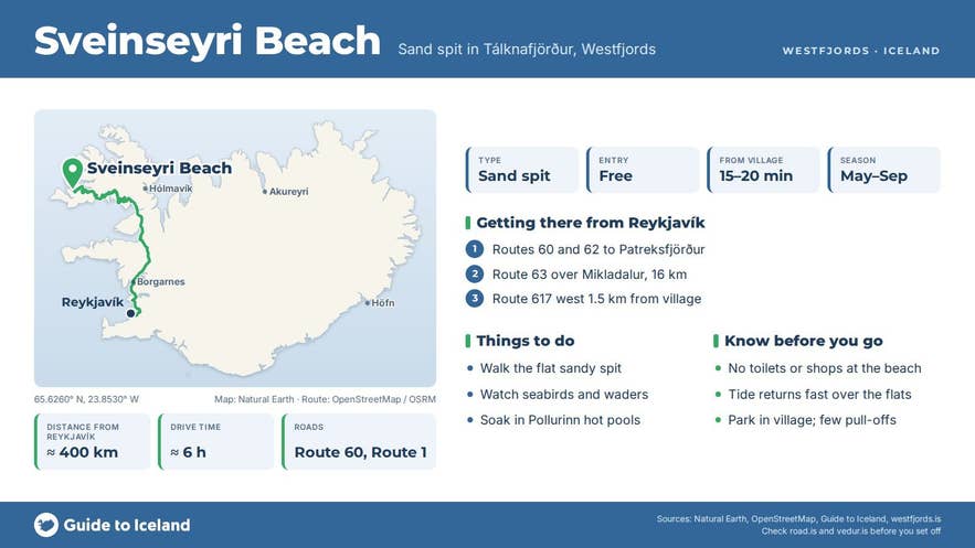 Infographic about Sveinseyri: key facts, directions, things to do and what to know before you go, with a map of Iceland Infographic about Sveinseyri: key facts, directions, things to do and what to know before you go, with a map of Iceland