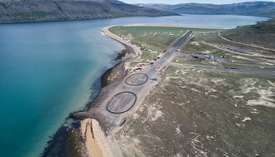 Aerial view of the Sandoddi spit and Patreksfjörður airstrip below Skersfjall, Westfjords