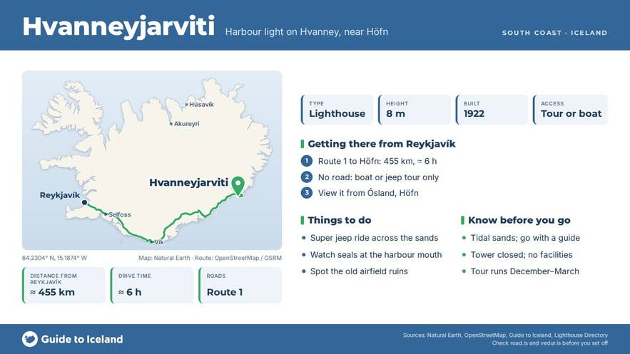 Infographic about Hvanneyjarviti: key facts, directions, things to do and what to know before you go, with a map of Iceland