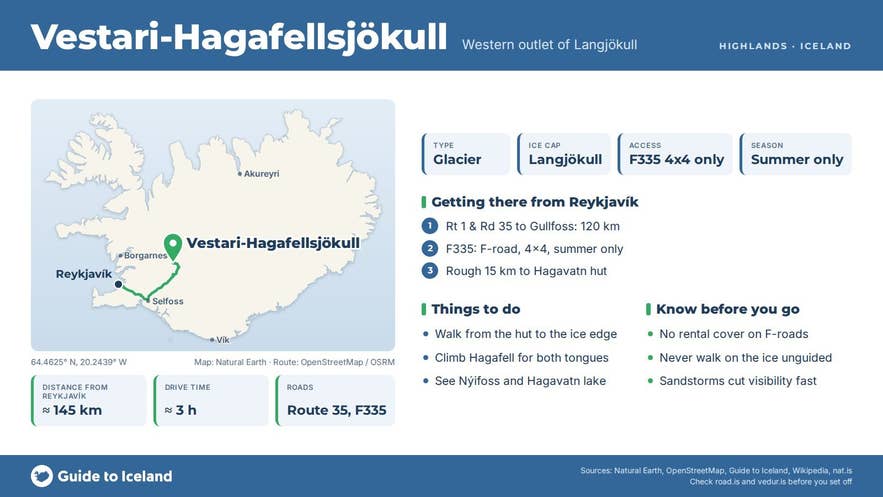 Infographic about Vestari-Hagafellsjökull: key facts, directions, things to do and what to know before you go, with a map of Iceland