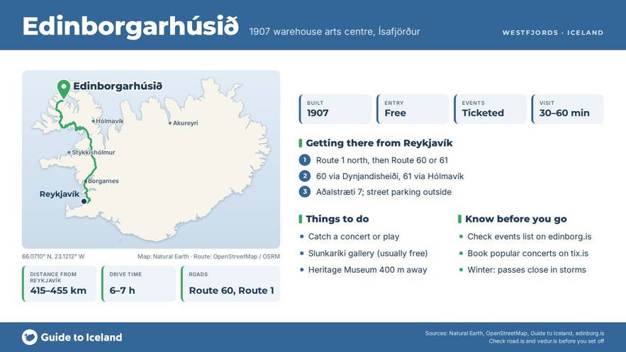 Infographic about Edinborg Cultural Center: key facts, directions, things to do and what to know before you go, with a map of Iceland
