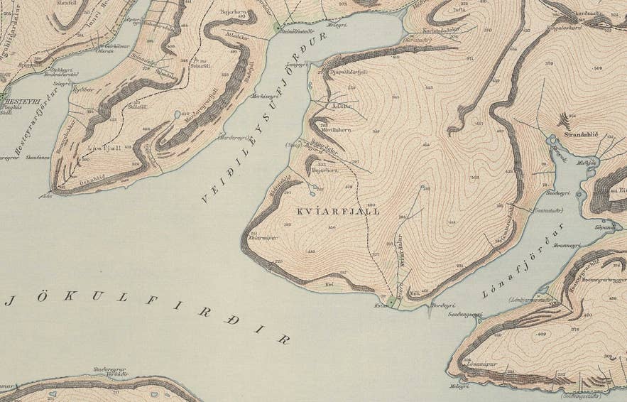 Historic Danish General Staff map of Veiðileysufjörður and Lónafjörður showing Sópandi at the fjord head, Jökulfirðir