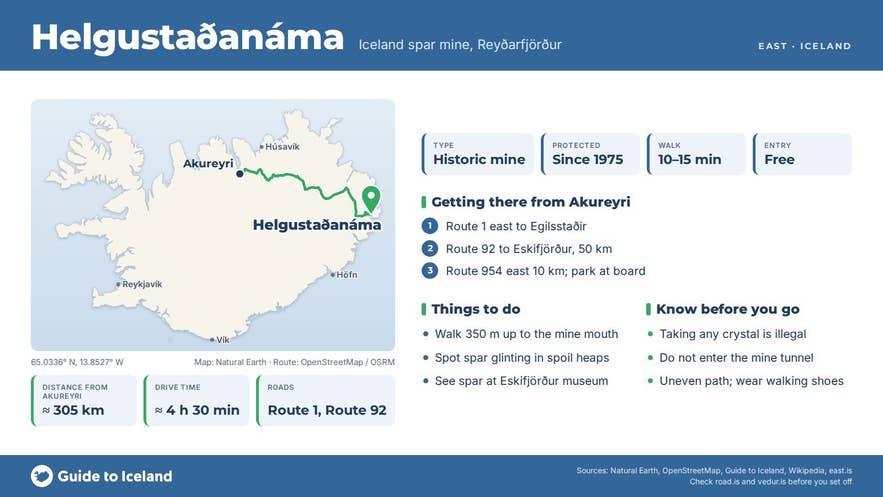 Infographic about Helgustaðanáma: key facts, directions, things to do and what to know before you go, with a map of Iceland