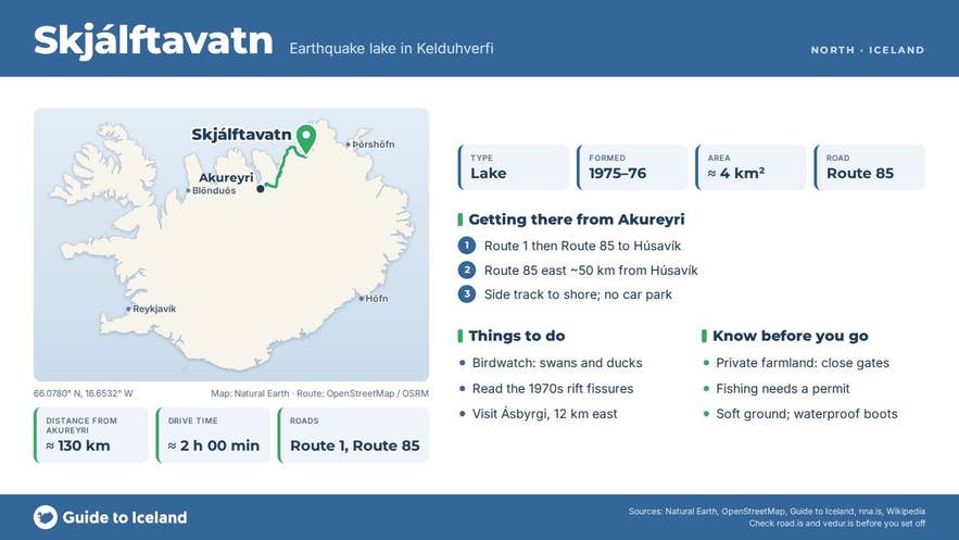 Infographic about Skjálftavatn: key facts, directions, things to do and what to know before you go, with a map of Iceland