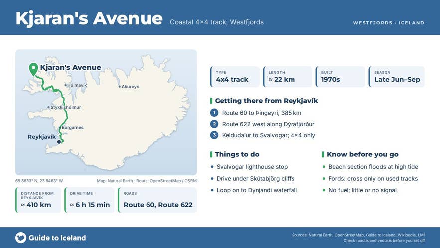 Infographic about Kjaransbraut: key facts, directions, things to do and what to know before you go, with a map of Iceland