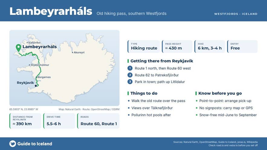 Infographic about Lambeyrarháls: key facts, directions, things to do and what to know before you go, with a map of Iceland