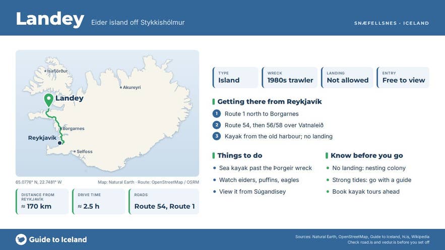Infographic about Landey: key facts, directions, things to do and what to know before you go, with a map of Iceland Infographic about Landey: key facts, directions, things to do and what to know before you go, with a map of Iceland