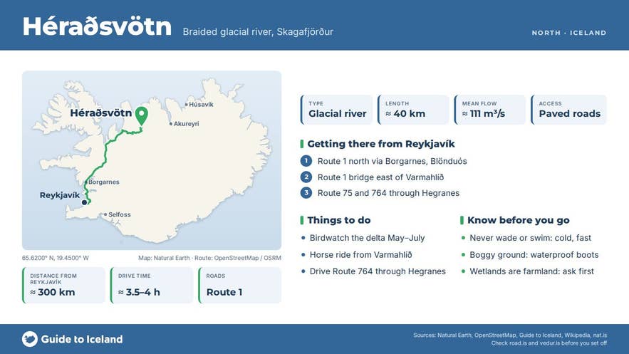 Infographic about Héraðsvötn: key facts, directions, things to do and what to know before you go, with a map of Iceland