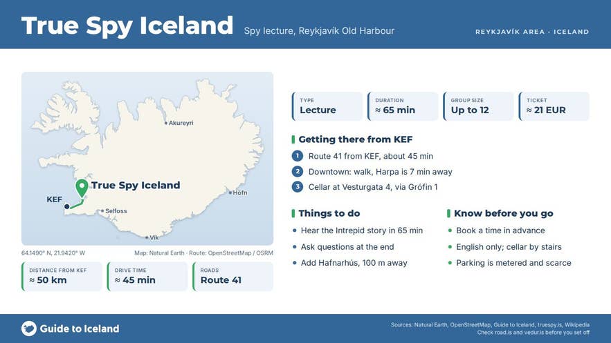 Infographic about True Spy Iceland: key facts, directions, things to do and what to know before you go, with a map of Iceland Infographic about True Spy Iceland: key facts, directions, things to do and what to know before you go, with a map of Iceland