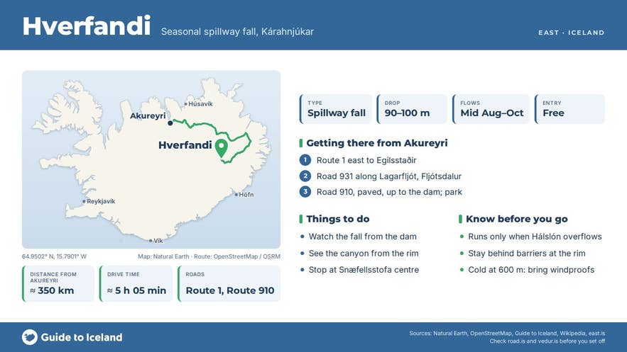 Infographic about Hverfandi: key facts, directions, things to do and what to know before you go, with a map of Iceland