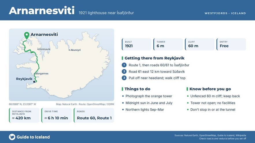 Infographic about Arnarnesviti: key facts, directions, things to do and what to know before you go, with a map of Iceland Infographic about Arnarnesviti: key facts, directions, things to do and what to know before you go, with a map of Iceland