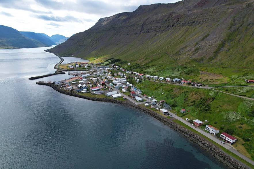 Aerial view of Suðureyri village on its sand spit in Súgandafjörður Aerial view of Suðureyri village on its sand spit in Súgandafjörður