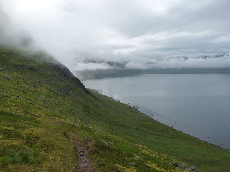 Hiking trail along the slopes above Hornvík bay in fog, Hornstrandir Nature Reserve Hiking trail along the slopes above Hornvík bay in fog, Hornstrandir Nature Reserve