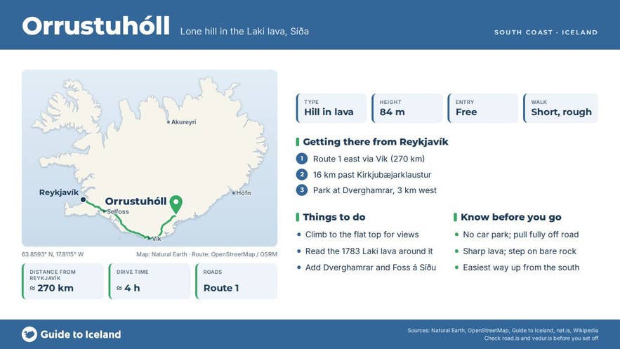 Infographic about Orrustuhóll: key facts, directions, things to do and what to know before you go, with a map of Iceland