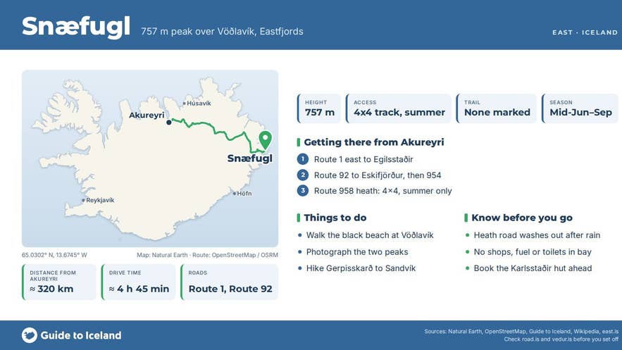 Infographic about Snæfugl: key facts, directions, things to do and what to know before you go, with a map of Iceland Infographic about Snæfugl: key facts, directions, things to do and what to know before you go, with a map of Iceland