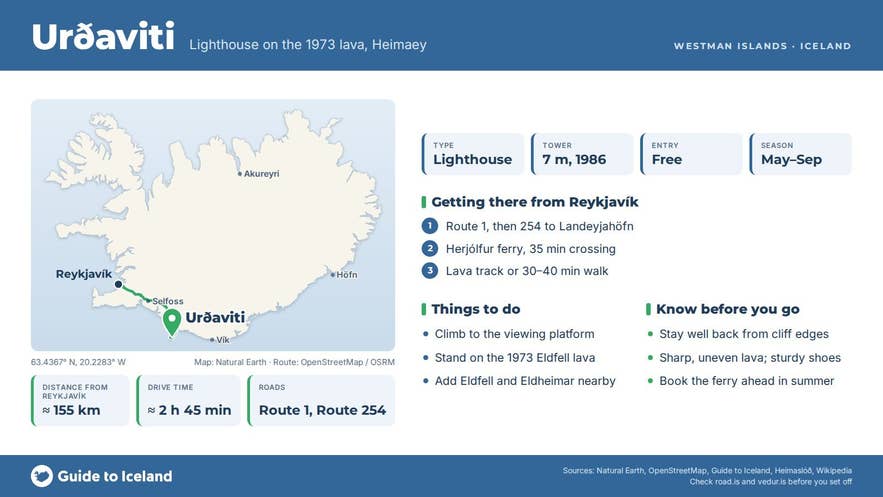 Infographic about Urðaviti: key facts, directions, things to do and what to know before you go, with a map of Iceland Infographic about Urðaviti: key facts, directions, things to do and what to know before you go, with a map of Iceland