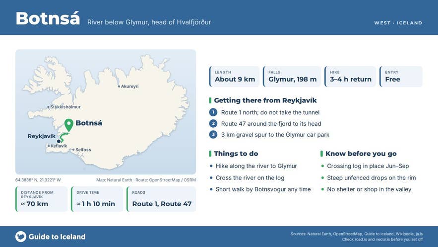 Infographic about Botnsá: key facts, directions, things to do and what to know before you go, with a map of Iceland Infographic about Botnsá: key facts, directions, things to do and what to know before you go, with a map of Iceland