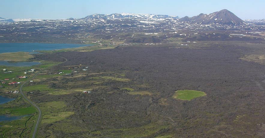 Aerial view of the 1729 lava field fed by the Eldá lava channel, Reykjahlíð, Mývatn