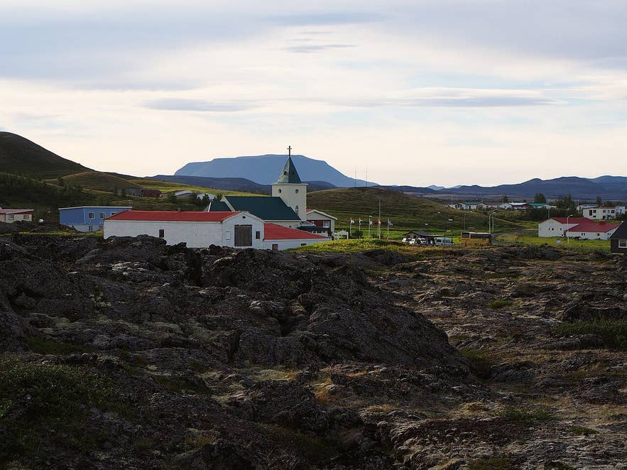 1729 Mývatn Fires lava in front of Reykjahlíð church, the end of the Eldá lava flow