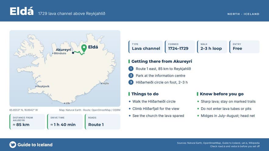 Infographic about Eldá: key facts, directions, things to do and what to know before you go, with a map of Iceland