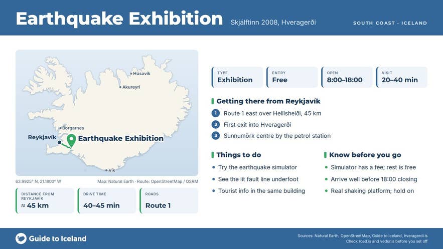 Infographic about Skjálftinn 2008: key facts, directions, things to do and what to know before you go, with a map of Iceland