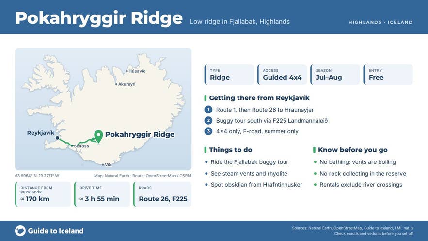 Infographic about Pokahryggur: key facts, directions, things to do and what to know before you go, with a map of Iceland Infographic about Pokahryggur: key facts, directions, things to do and what to know before you go, with a map of Iceland
