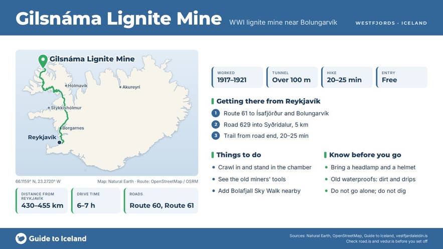 Infographic about Gilsnáma: key facts, directions, things to do and what to know before you go, with a map of Iceland