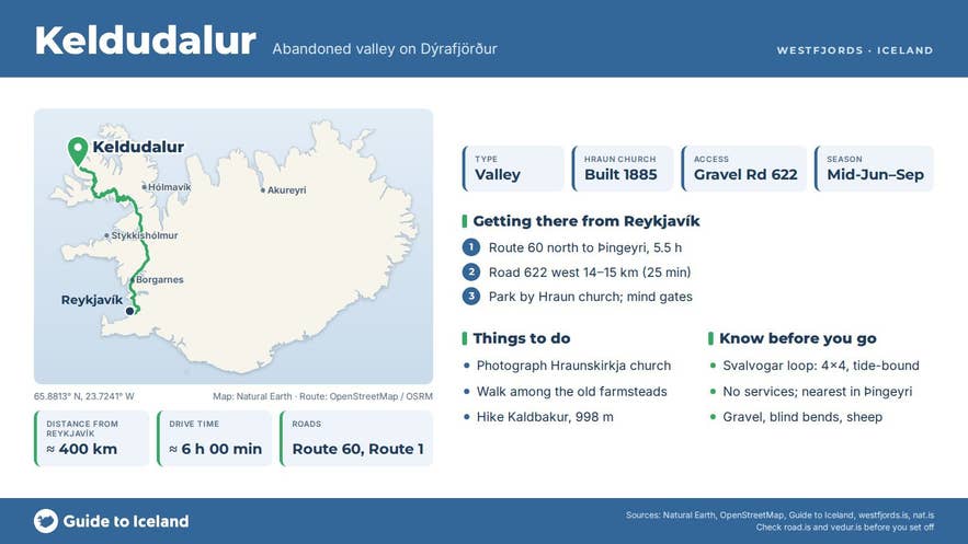 Infographic about Keldudalur: key facts, directions, things to do and what to know before you go, with a map of Iceland