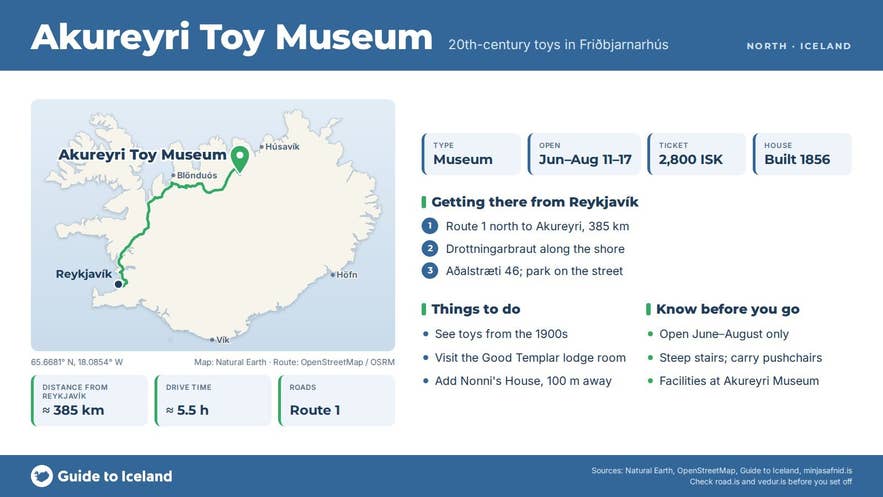 Infographic about Leikfangasýningin í Friðbjarnarhúsi: key facts, directions, things to do and what to know before you go, with a map of Iceland Infographic about Leikfangasýningin í Friðbjarnarhúsi: key facts, directions, things to do and what to know before you go, with a map of Iceland