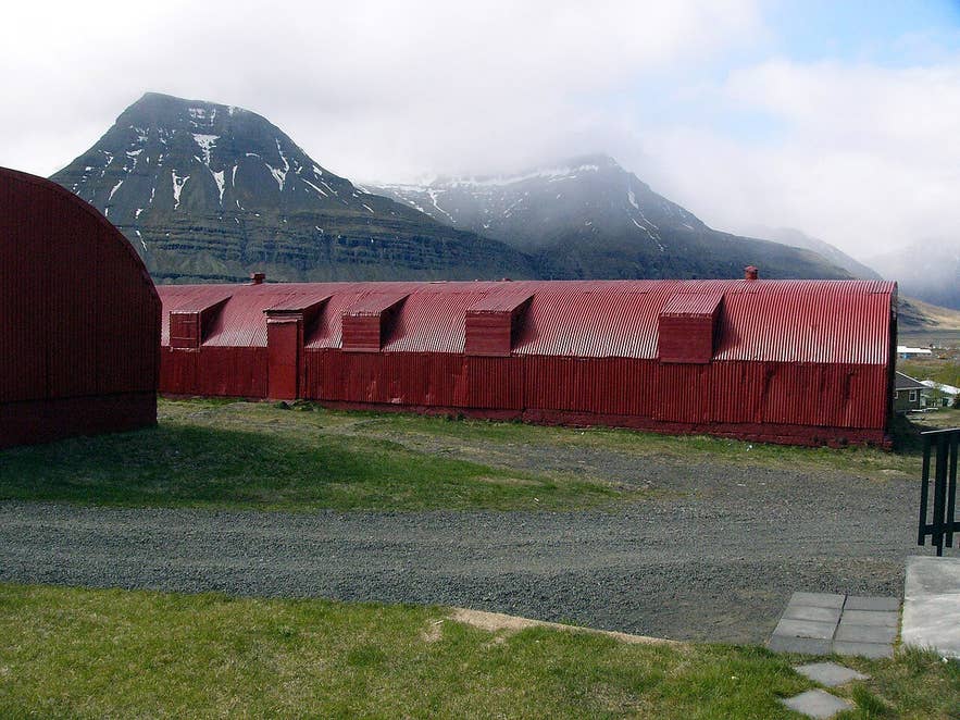 Red wartime Nissen huts housing the Icelandic Wartime Museum, Reyðarfjörður