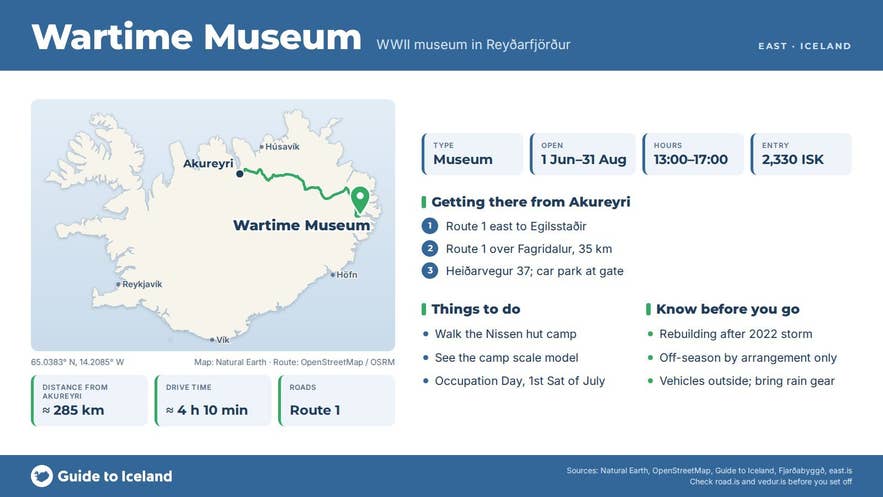 Infographic about Íslenska stríðsárasafnið: key facts, directions, things to do and what to know before you go, with a map of Iceland