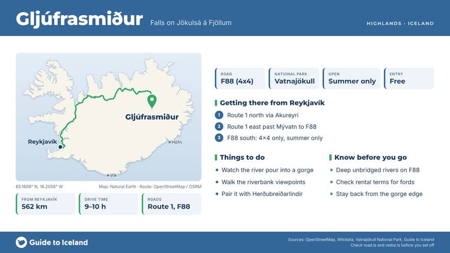 Guide to Iceland infographic for Gljúfrasmiður Waterfall: key facts, map and directions from Reykjavík