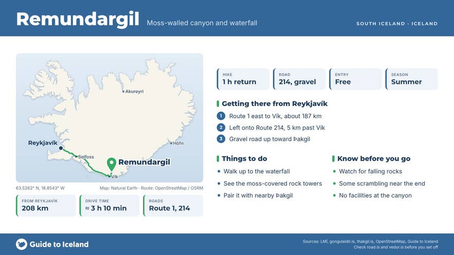 Guide to Iceland infographic for Remundargil Canyon: key facts, map and directions from Reykjavík