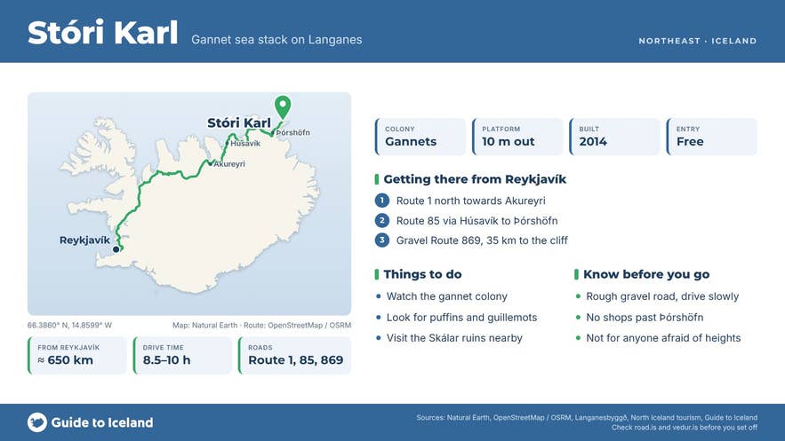 Guide to Iceland infographic for Stóri Karl Sea Stack: key facts, map and directions from Reykjavík