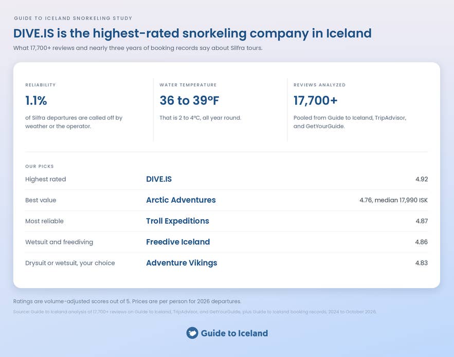 Summary of the best snorkeling companies in Iceland: DIVE.IS rates highest, Arctic Adventures is best value, and 1.1% of Silfra tours are called off