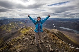 A hiker raises her arms and hiking poles in the air on a mountain in the Icelandic Highlands.