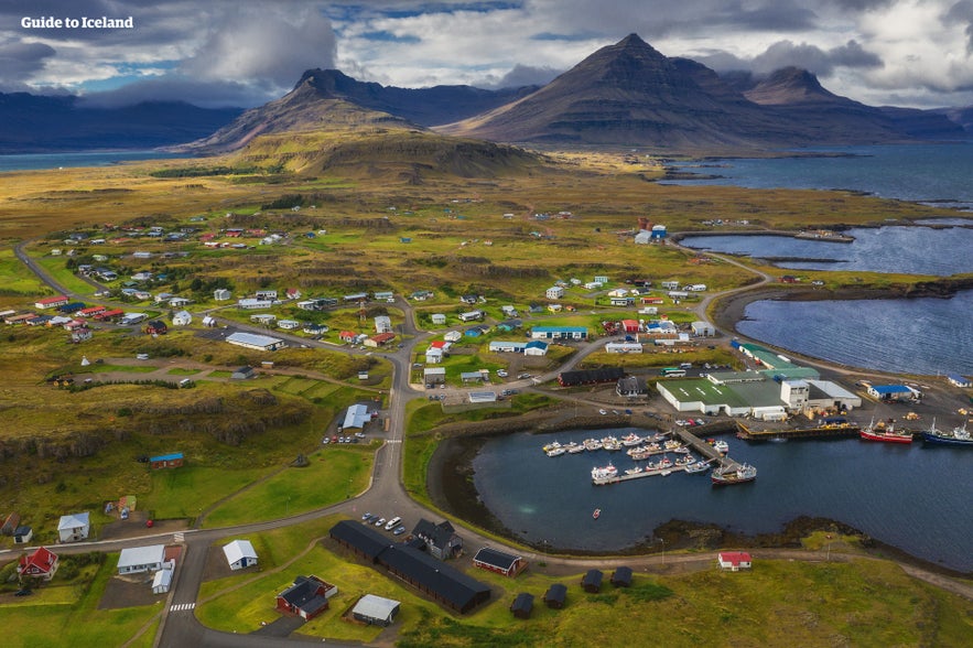 A bird's-eye view of Djupivogur town and its surrounding vistas.