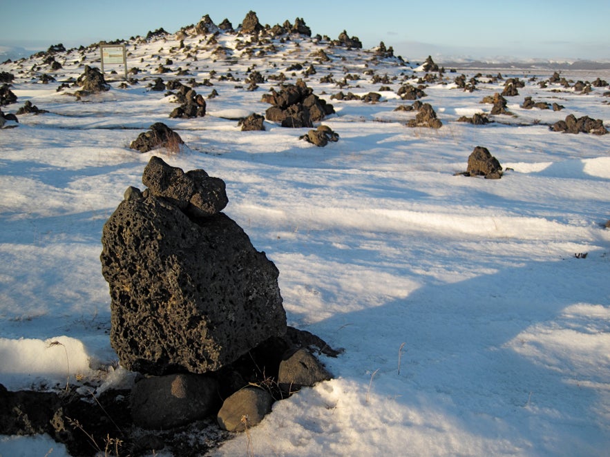 Laufskalavarda during winter in Iceland, with the tops of the cairns peeking out above the snow.