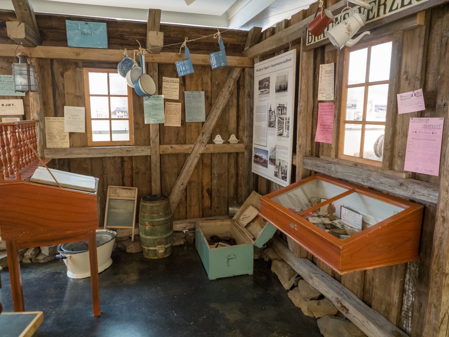 A display of old artifacts in the Akureyri Museum.