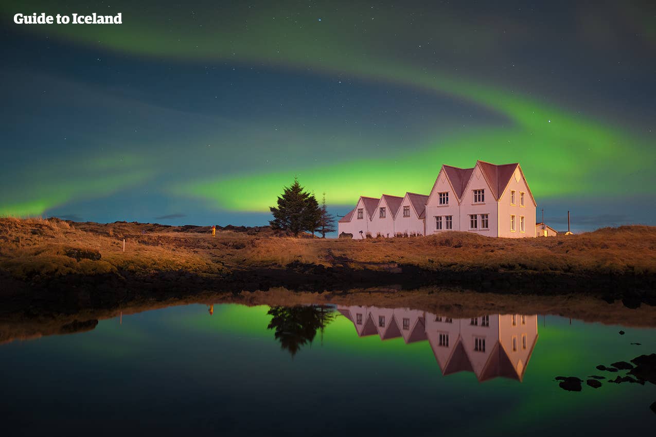 Northern Lights reflected in water on the outskirts of Reykjavík