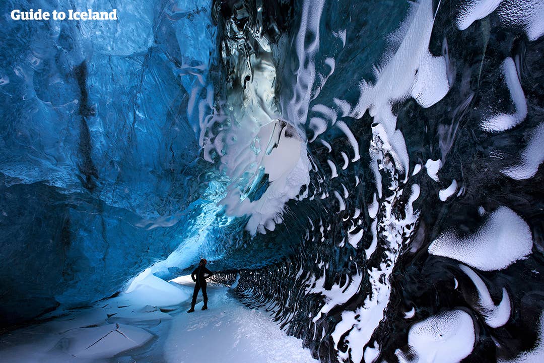 Shades of white and blue cover an ice cave in Vatnajökull glacier in south east Iceland
