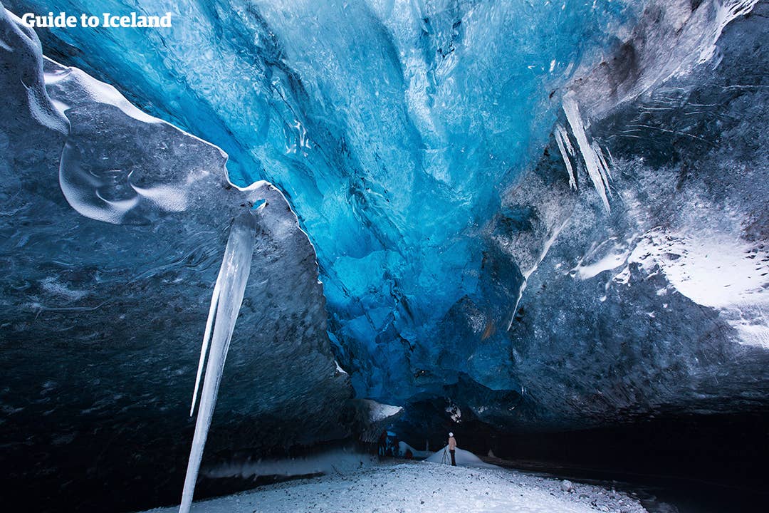 Enormous icicles form within natural ice caves in Vatnajökull glacier in Iceland