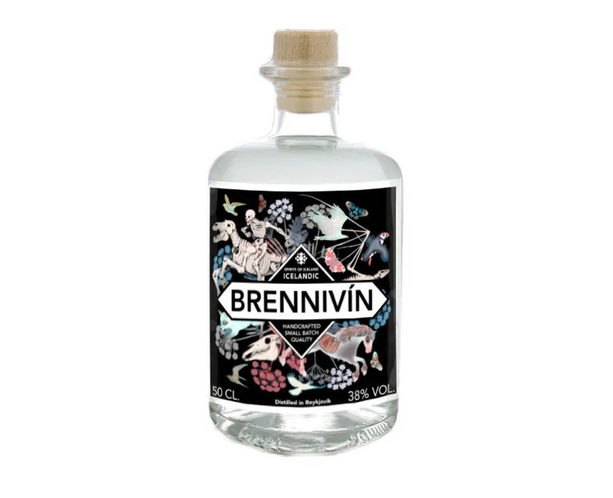 The brennivin from Spirits of Iceland has metal-inspired packaging.