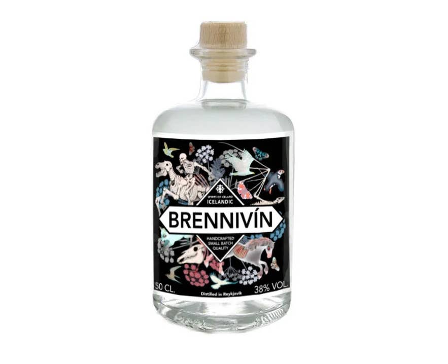 The brennivin from Spirits of Iceland has metal-inspired packaging.