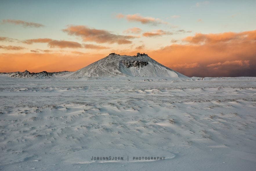 Snow on Grábrók Crater