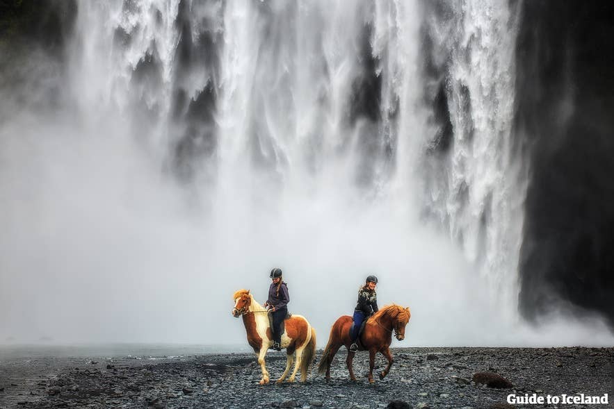 Riding Icelandic horses by Skogafoss, one of the top activities in Iceland for adrenaline junkies.