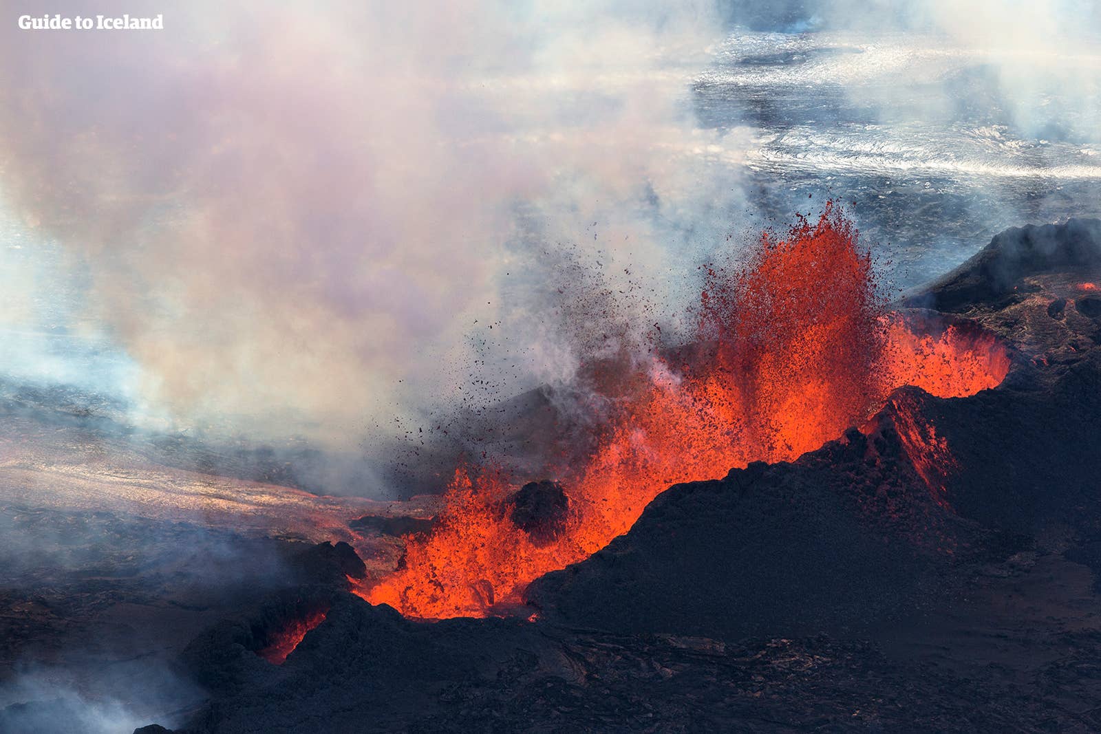 Lava sprøjter ud af sprækken på Holuhraun-vulkanen på Island