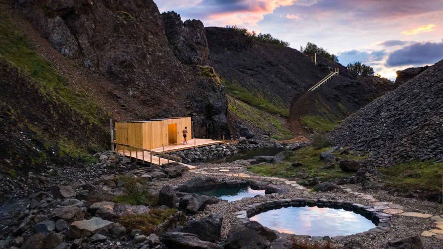 The Husafell Canyon Baths, with geothermal pools and a changing hut tucked into the canyon.