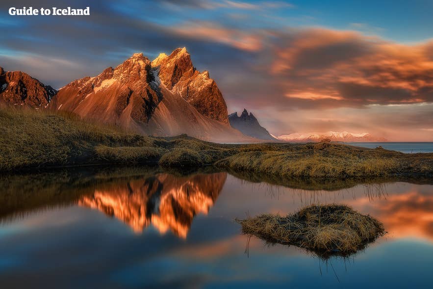 Midnight sun glowing over Vestrahorn Mountain, when summer daylight lasts close to 21 hours.